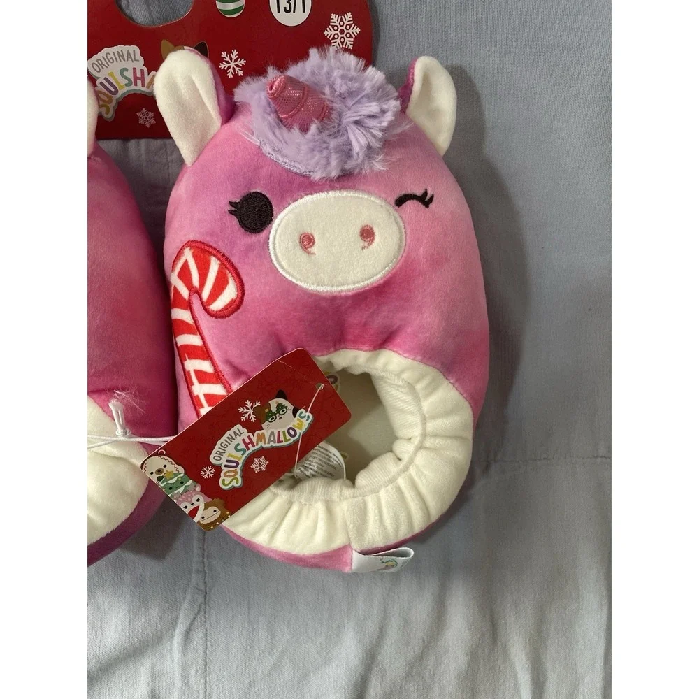 NEW Squishmallow Christmas Lola the‎ Unicorn w/ Candy Cane Kids Slippers Sz 13/1